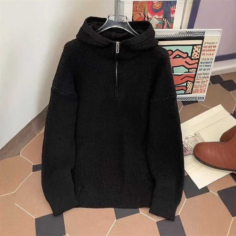 Lazy Style Hooded Sweater Men'S Solid Color Simple All-Match Loose Casual Sweater Jacket Top - Image 3